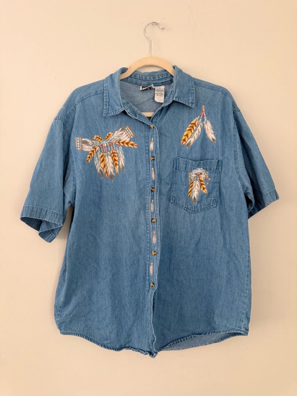Vintage Chambray Southwestern Blouse Painted Feathers Aztec Size M